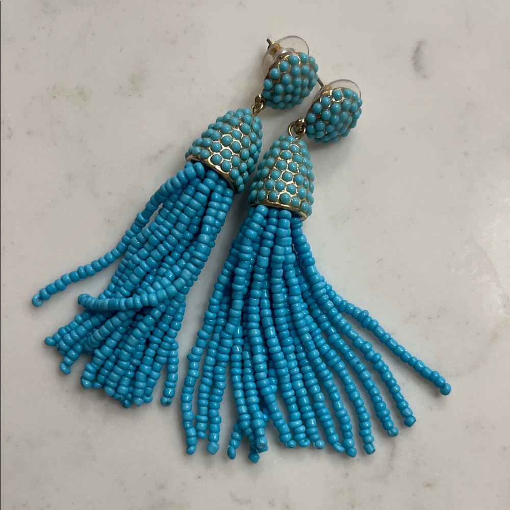 Elegant Blue Beaded Tassel Earrings